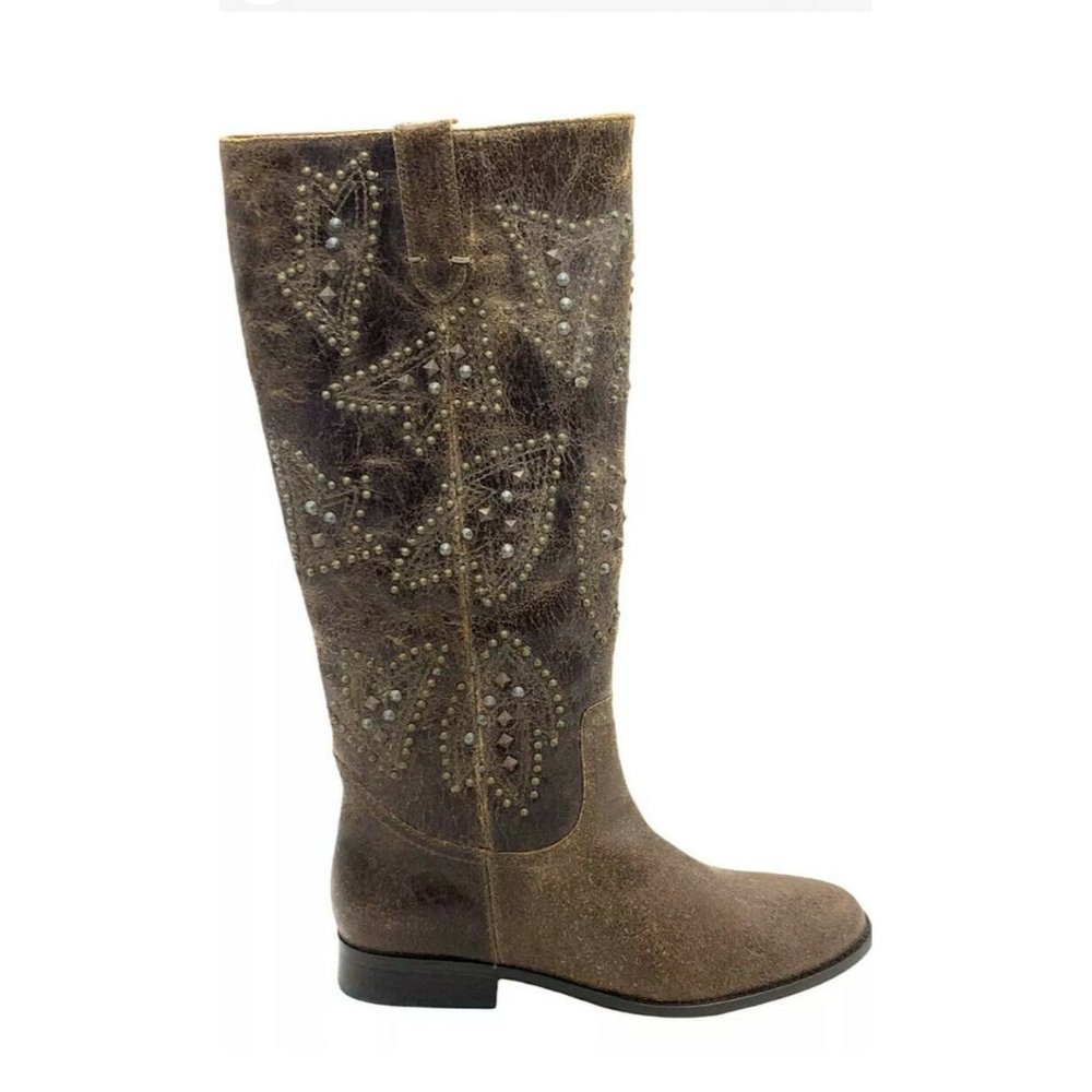 Frye Distressed Leather Pull-on Tall Shaft Studded Boots Cowboy